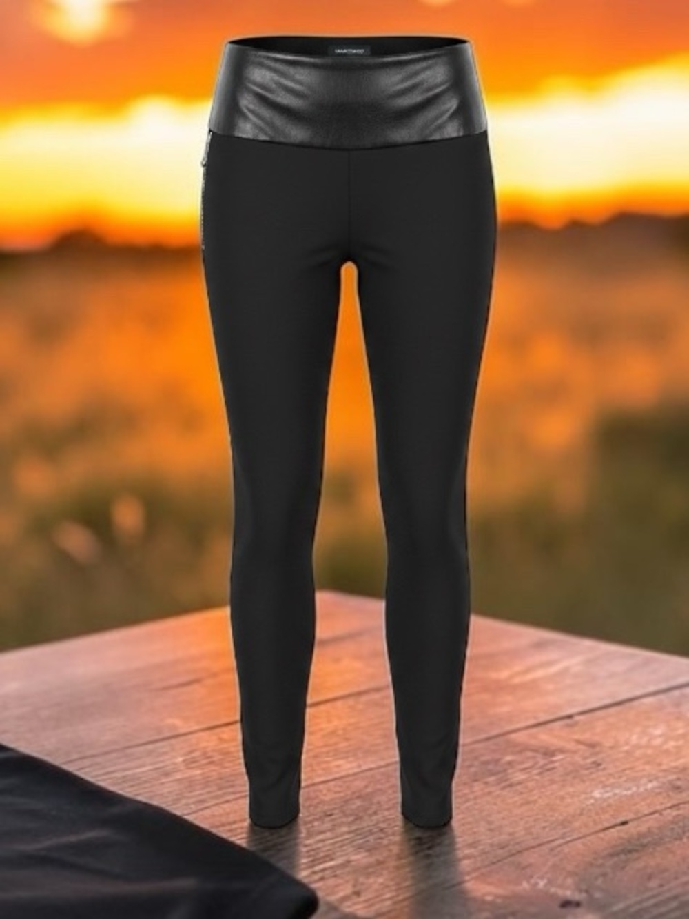 Marciano Black Ponte Leggings with Faux Leather Waist Panel